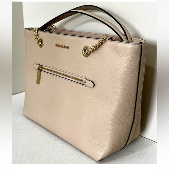 New Michael Kors Jet Set Medium Front Zip Chain Tote Pebble Leather Buff - Picture 2 of 6